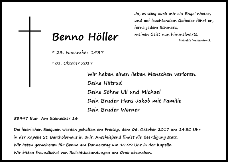  Traueranzeige für Benno Höller vom 03.10.2017 aus Kölner Stadt-Anzeiger / Kölnische Rundschau / Express