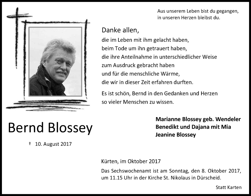  Traueranzeige für Bernd Blossey vom 06.10.2017 aus Kölner Stadt-Anzeiger / Kölnische Rundschau / Express