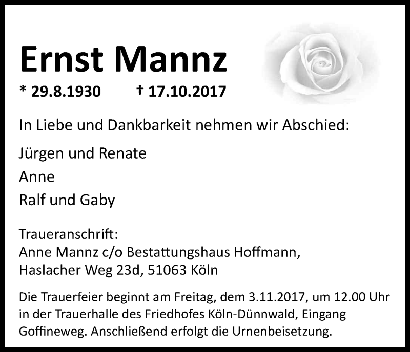  Traueranzeige für Ernst Mannz vom 28.10.2017 aus Kölner Stadt-Anzeiger / Kölnische Rundschau / Express