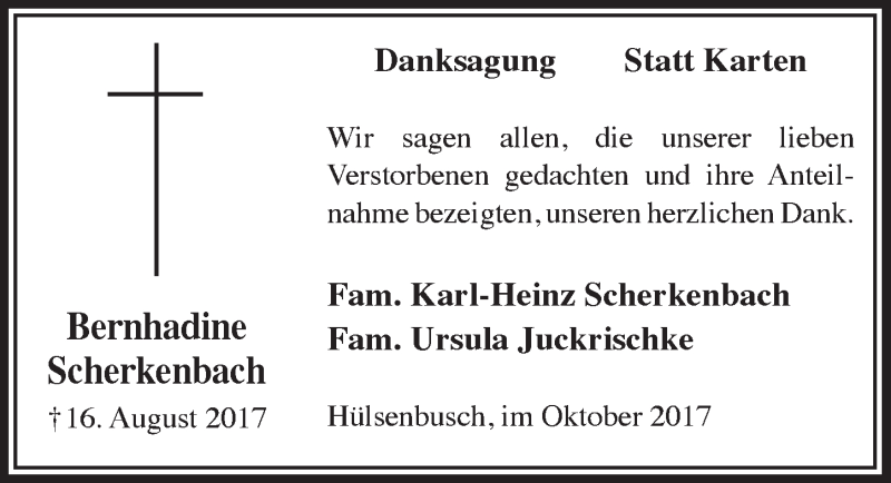  Traueranzeige für Bernhadine Scherkenbach vom 11.10.2017 aus  Anzeigen Echo 