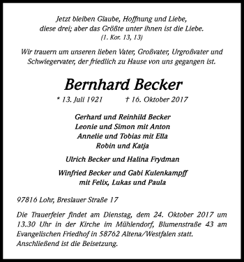 Anzeige von Bernhard Becker von Kölner Stadt-Anzeiger / Kölnische Rundschau / Express