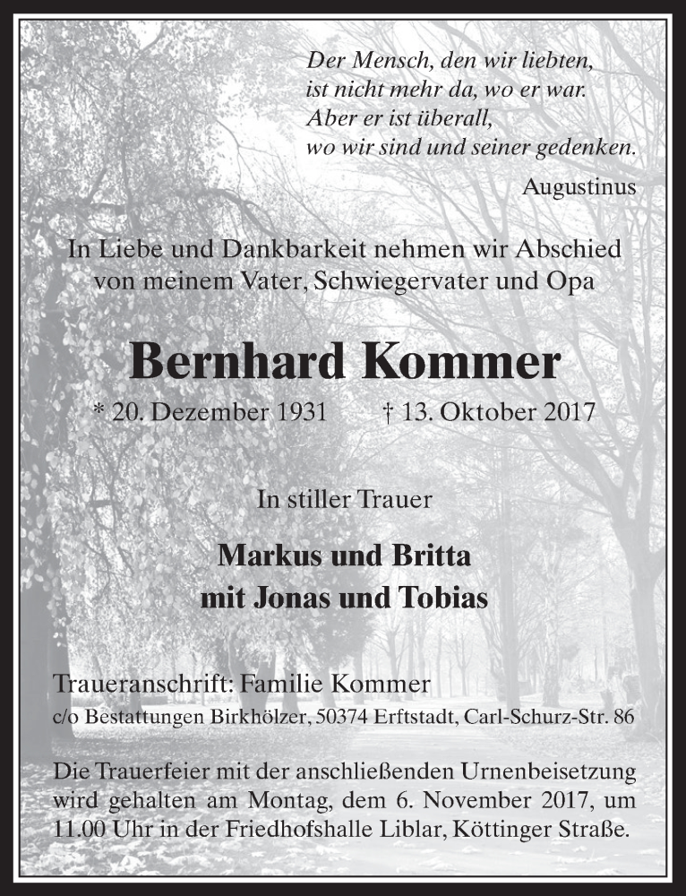  Traueranzeige für Bernhard Kommer vom 25.10.2017 aus  Werbepost 