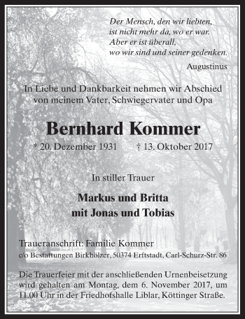 Anzeige von Bernhard Kommer von  Werbepost 