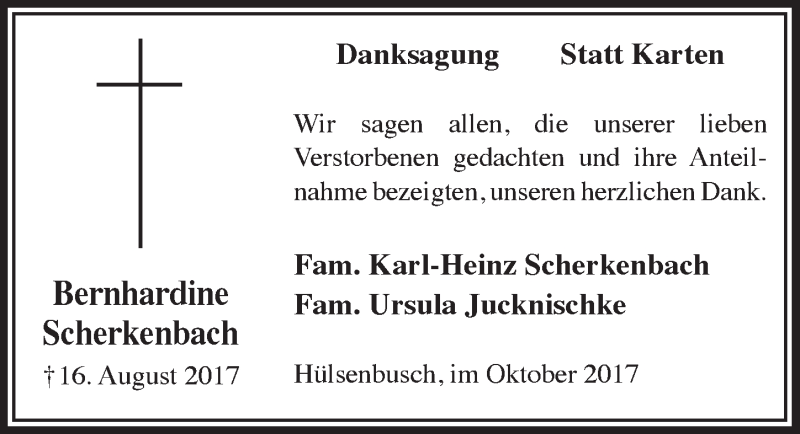  Traueranzeige für Bernhardine Scherkenbach vom 18.10.2017 aus  Anzeigen Echo 