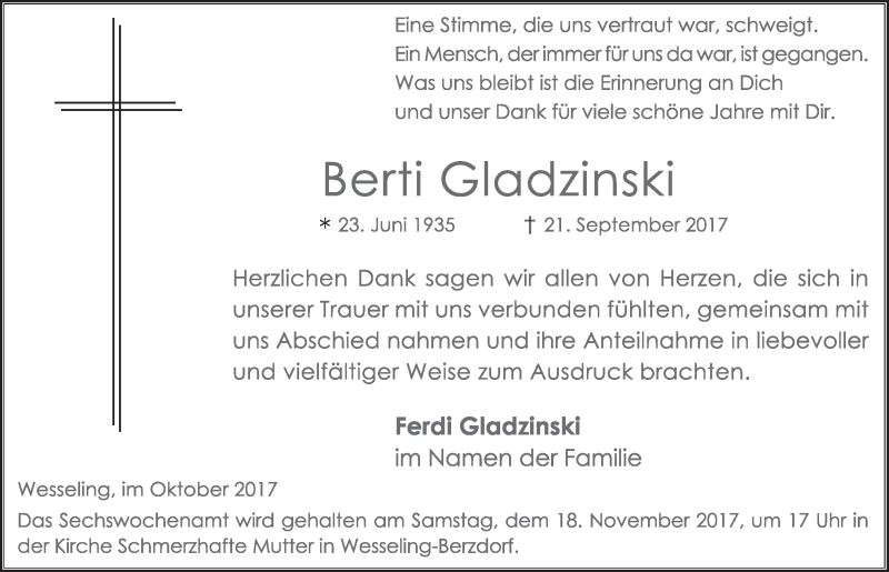  Traueranzeige für Berti Gladzinski vom 18.10.2017 aus  Schlossbote/Werbekurier 