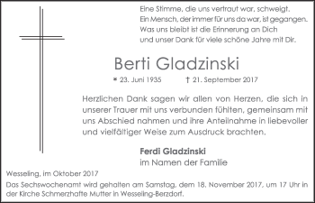 Anzeige von Berti Gladzinski von  Schlossbote/Werbekurier 