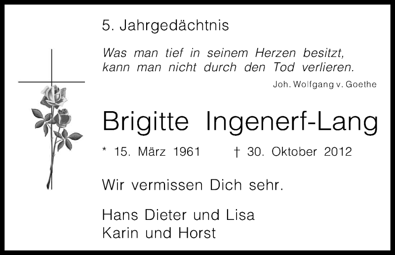  Traueranzeige für Brigitte Ingenerf-Lang vom 30.10.2017 aus Kölner Stadt-Anzeiger / Kölnische Rundschau / Express