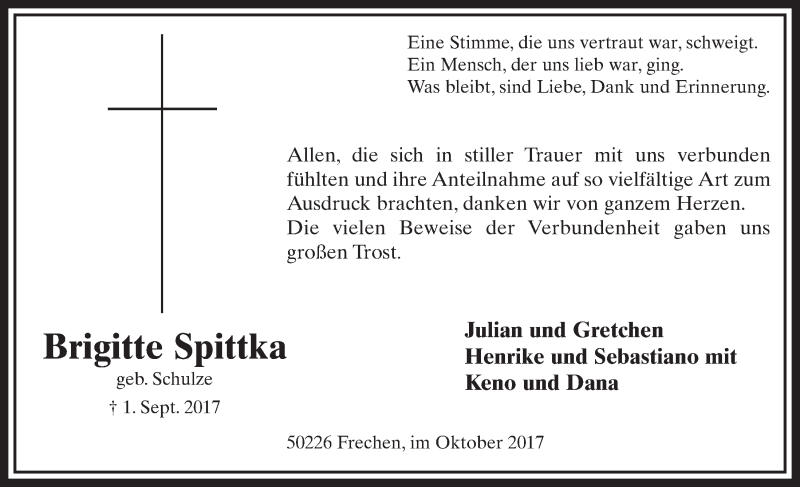  Traueranzeige für Brigitte Spittka vom 21.10.2017 aus  Sonntags-Post 