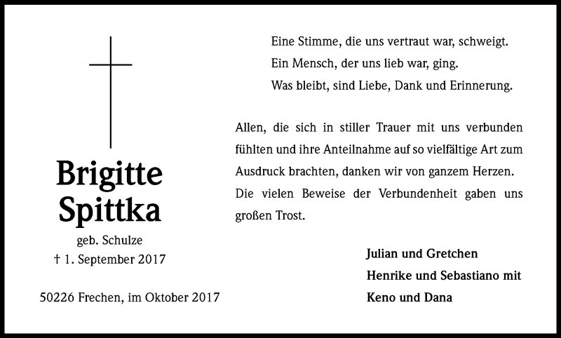  Traueranzeige für Brigitte Spittka vom 21.10.2017 aus Kölner Stadt-Anzeiger / Kölnische Rundschau / Express