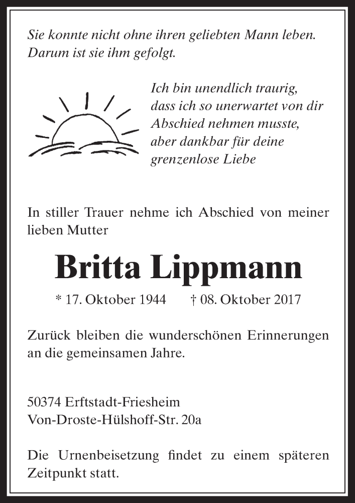  Traueranzeige für Britta Lippmann vom 18.10.2017 aus  Werbepost 