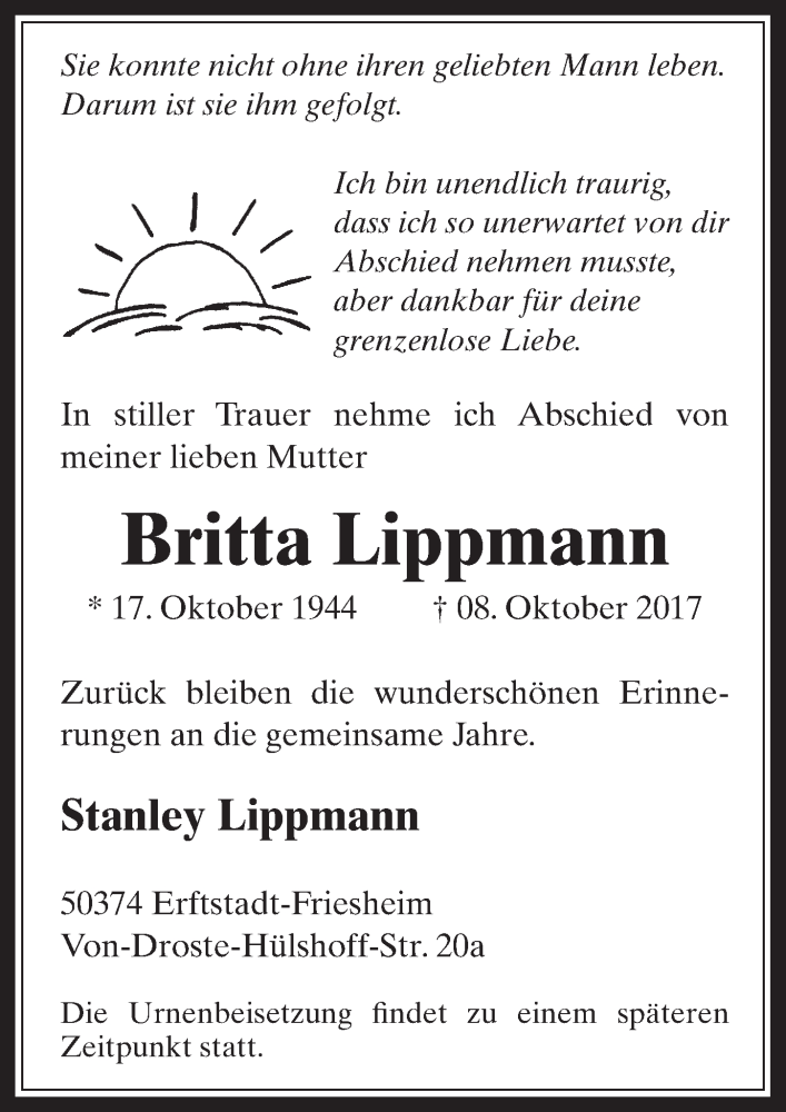  Traueranzeige für Britta Lippmann vom 25.10.2017 aus  Werbepost 