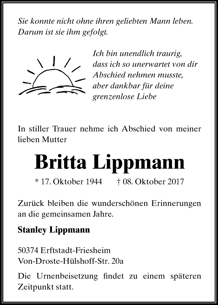  Traueranzeige für Britta Lippmann vom 21.10.2017 aus Kölner Stadt-Anzeiger / Kölnische Rundschau / Express