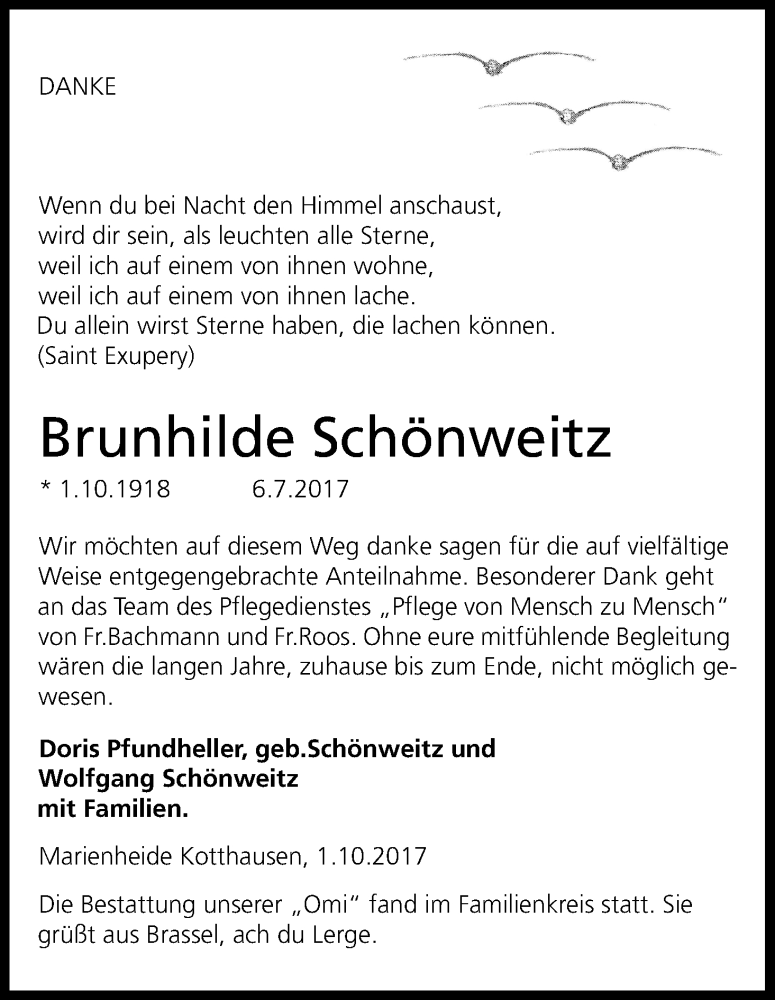  Traueranzeige für Brunhilde Schönweitz vom 07.10.2017 aus Kölner Stadt-Anzeiger / Kölnische Rundschau / Express