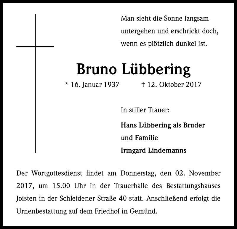  Traueranzeige für Bruno Lübbering vom 28.10.2017 aus Kölner Stadt-Anzeiger / Kölnische Rundschau / Express