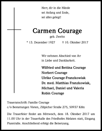 Anzeige von Carmen Courage von Kölner Stadt-Anzeiger / Kölnische Rundschau / Express