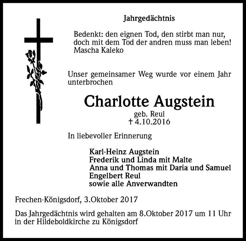  Traueranzeige für Charlotte Augstein vom 07.10.2017 aus Kölner Stadt-Anzeiger / Kölnische Rundschau / Express
