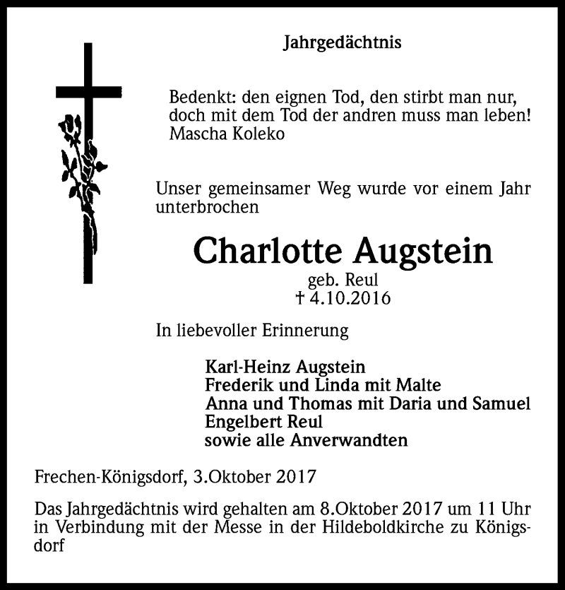  Traueranzeige für Charlotte Augstein vom 07.10.2017 aus Kölner Stadt-Anzeiger / Kölnische Rundschau / Express