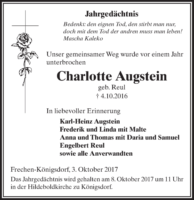  Traueranzeige für Charlotte Augstein vom 07.10.2017 aus  Sonntags-Post 