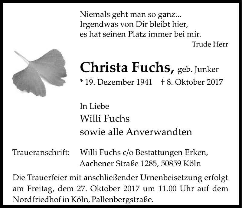  Traueranzeige für Christa Fuchs vom 21.10.2017 aus Kölner Stadt-Anzeiger / Kölnische Rundschau / Express