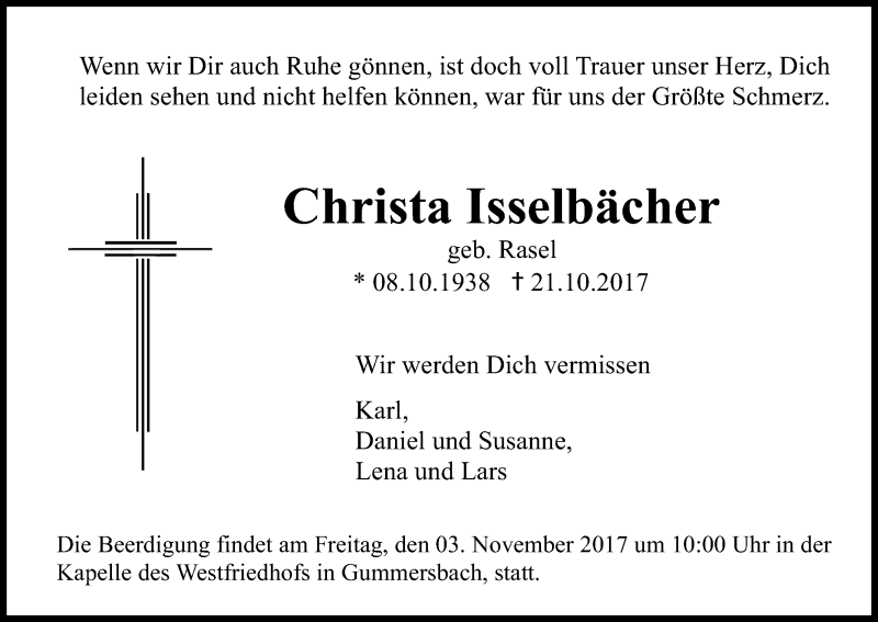  Traueranzeige für Christa Isselbächer vom 28.10.2017 aus Kölner Stadt-Anzeiger / Kölnische Rundschau / Express