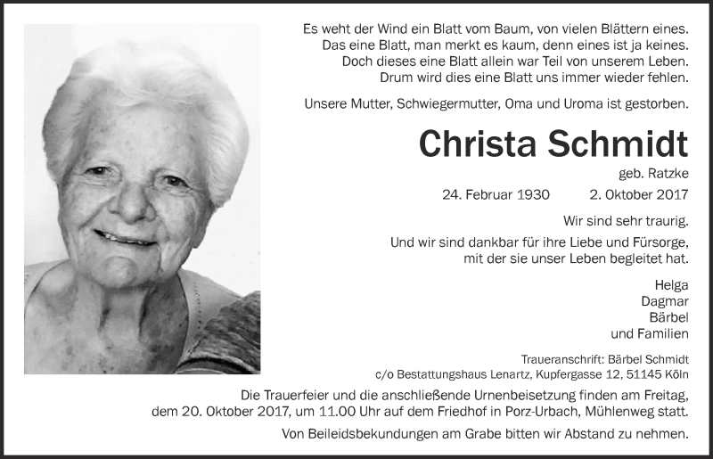  Traueranzeige für Christa Schmidt vom 11.10.2017 aus  Kölner Wochenspiegel 