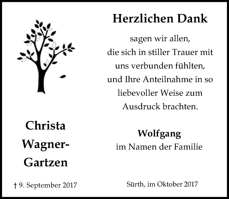  Traueranzeige für Christa Wagner-Gartzen vom 18.10.2017 aus  Kölner Wochenspiegel 
