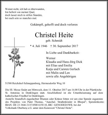Anzeige von Christel Heite von Kölner Stadt-Anzeiger / Kölnische Rundschau / Express