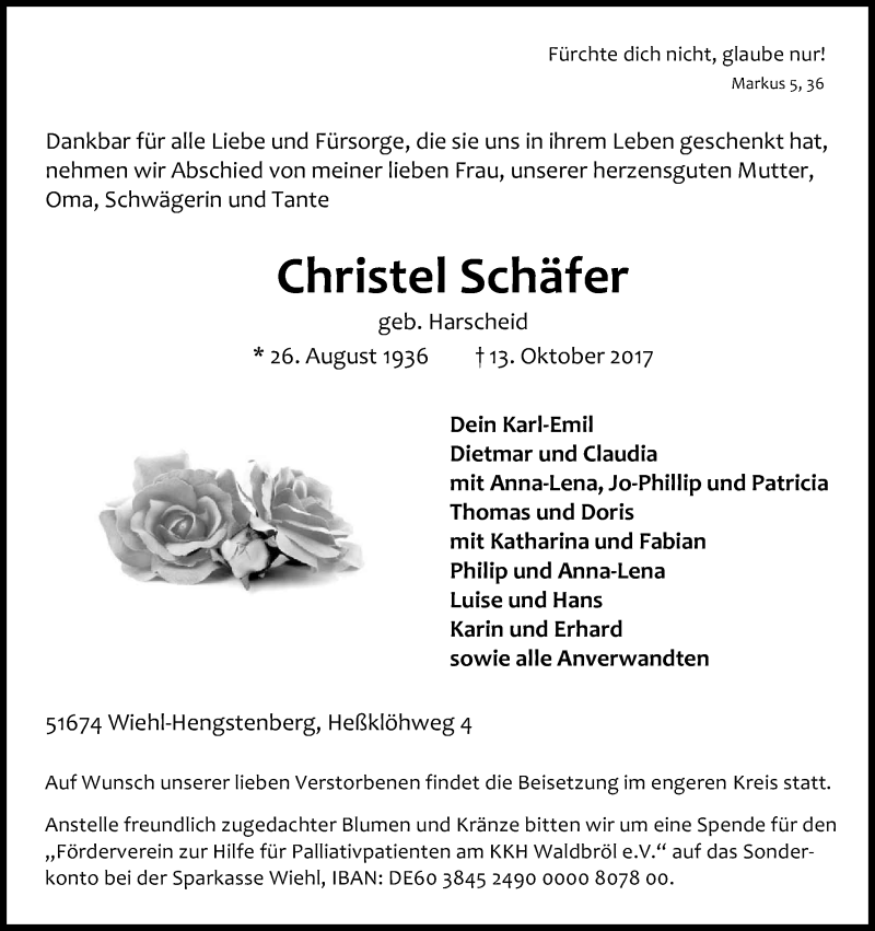  Traueranzeige für Christel Schäfer vom 17.10.2017 aus Kölner Stadt-Anzeiger / Kölnische Rundschau / Express