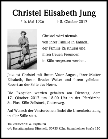 Anzeige von Christel Elisabeth Jung von Kölner Stadt-Anzeiger / Kölnische Rundschau / Express