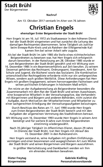 Anzeige von Christian Engels von Kölner Stadt-Anzeiger / Kölnische Rundschau / Express