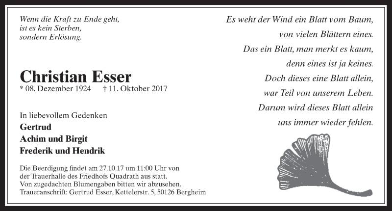  Traueranzeige für Christian Esser vom 25.10.2017 aus  Werbepost 