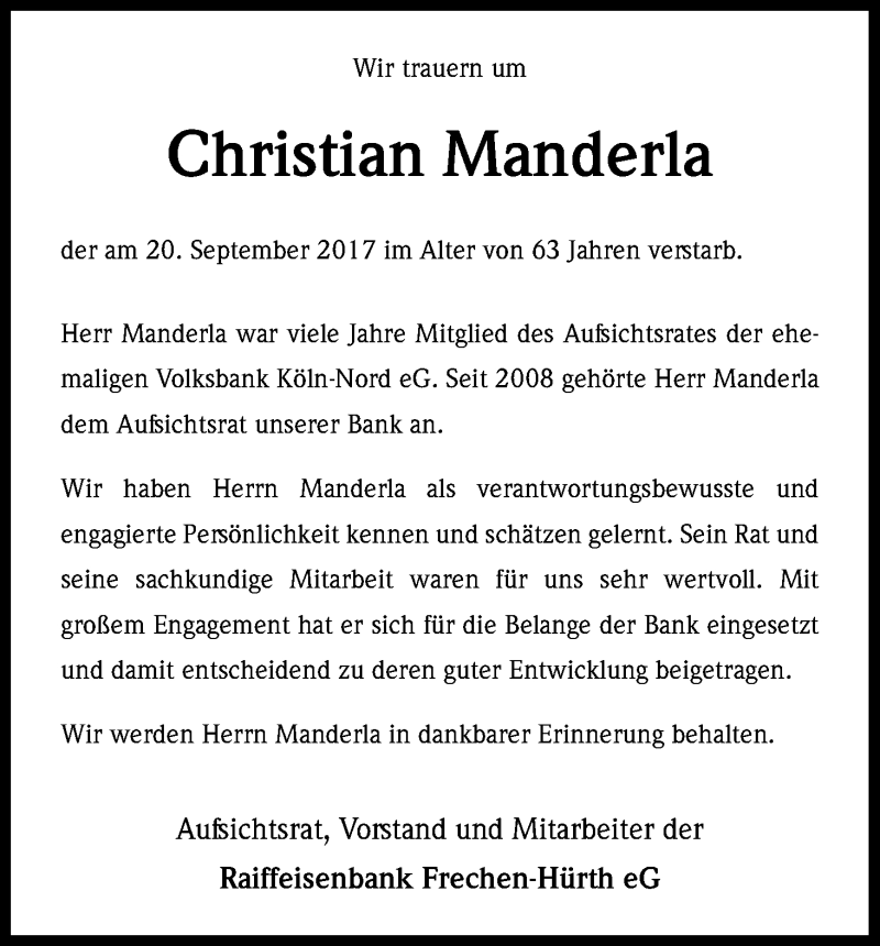  Traueranzeige für Christian  Manderla vom 06.10.2017 aus Kölner Stadt-Anzeiger / Kölnische Rundschau / Express