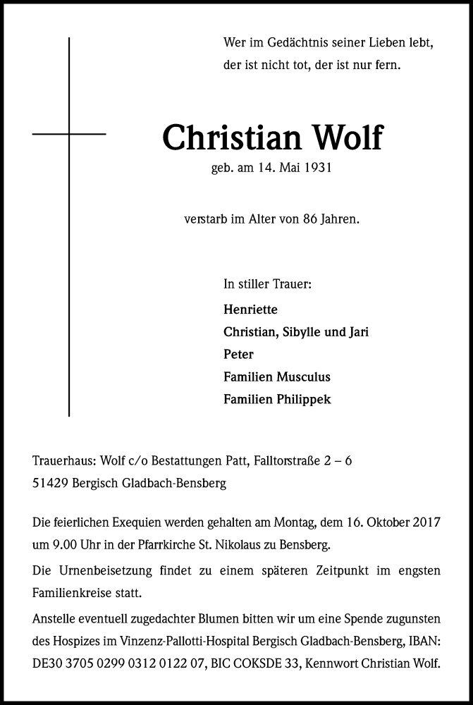  Traueranzeige für Christian Wolf vom 07.10.2017 aus Kölner Stadt-Anzeiger / Kölnische Rundschau / Express