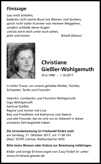 Anzeige von Christiane Gießler-Wohlgemuth von Kölner Stadt-Anzeiger / Kölnische Rundschau / Express