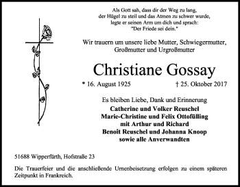 Anzeige von Christiane Gossay von Kölner Stadt-Anzeiger / Kölnische Rundschau / Express