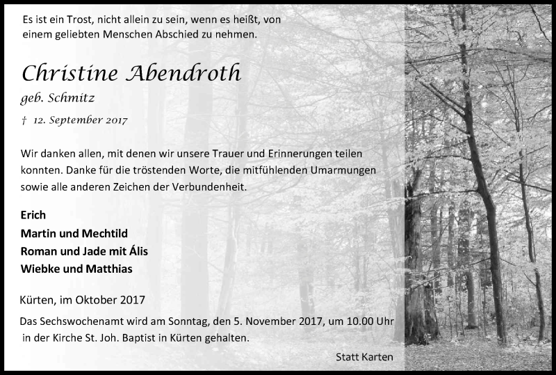  Traueranzeige für Christine Abendroth vom 28.10.2017 aus Kölner Stadt-Anzeiger / Kölnische Rundschau / Express