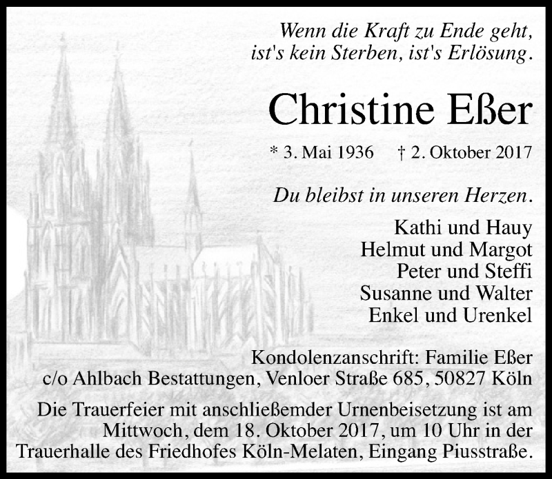  Traueranzeige für Christine Eßer vom 11.10.2017 aus  Kölner Wochenspiegel 