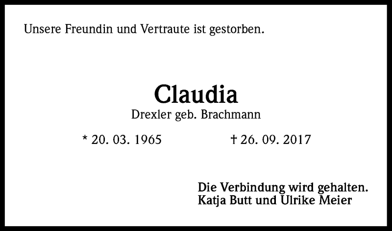  Traueranzeige für Claudia Drexler vom 21.10.2017 aus Kölner Stadt-Anzeiger / Kölnische Rundschau / Express