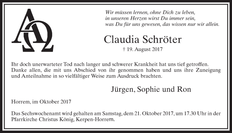  Traueranzeige für Claudia Schröter vom 14.10.2017 aus  Sonntags-Post 