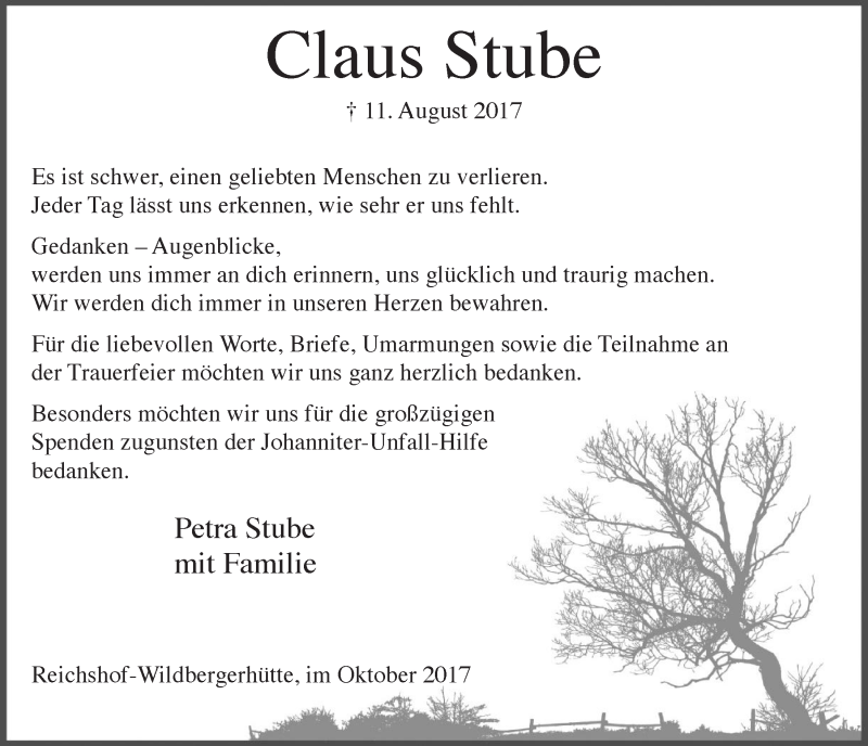  Traueranzeige für Claus Stube vom 11.10.2017 aus  Lokalanzeiger 