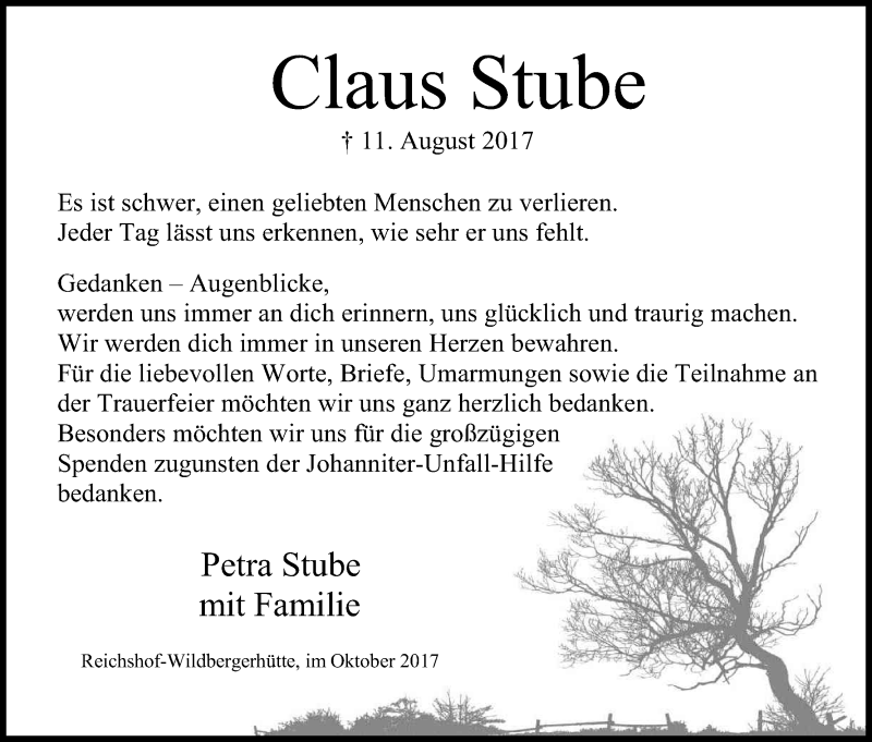  Traueranzeige für Claus Stube vom 07.10.2017 aus Kölner Stadt-Anzeiger / Kölnische Rundschau / Express