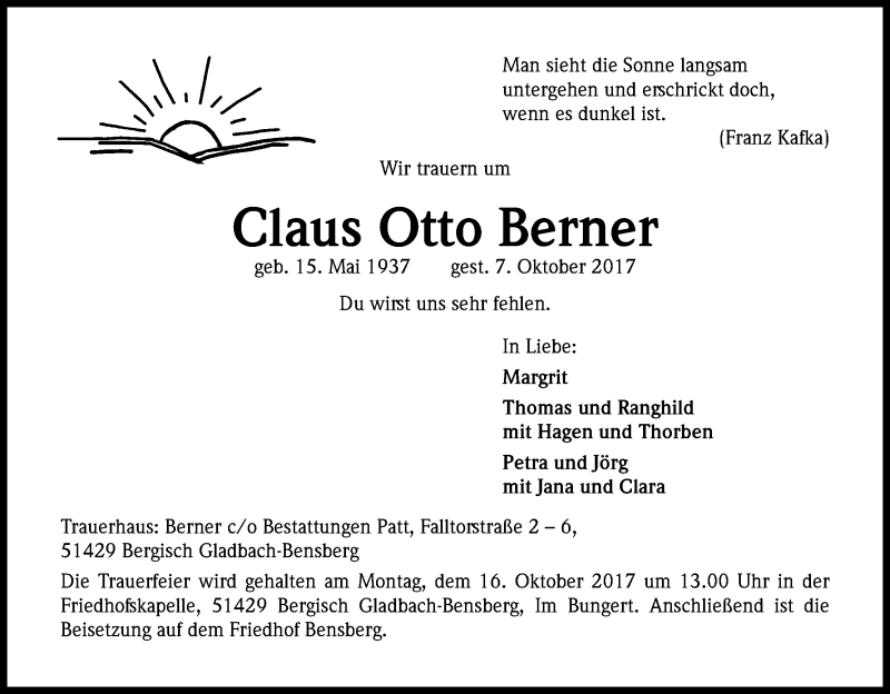  Traueranzeige für Claus Otto Berner vom 12.10.2017 aus Kölner Stadt-Anzeiger / Kölnische Rundschau / Express
