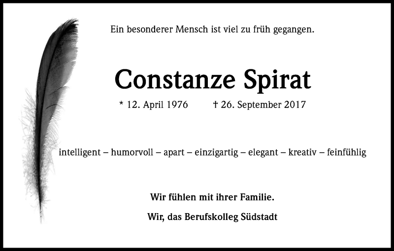  Traueranzeige für Constanze Spirat vom 06.10.2017 aus Kölner Stadt-Anzeiger / Kölnische Rundschau / Express
