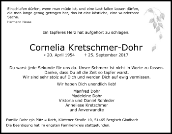Anzeige von Cornelia Kretschmer-Dohr von Kölner Stadt-Anzeiger / Kölnische Rundschau / Express