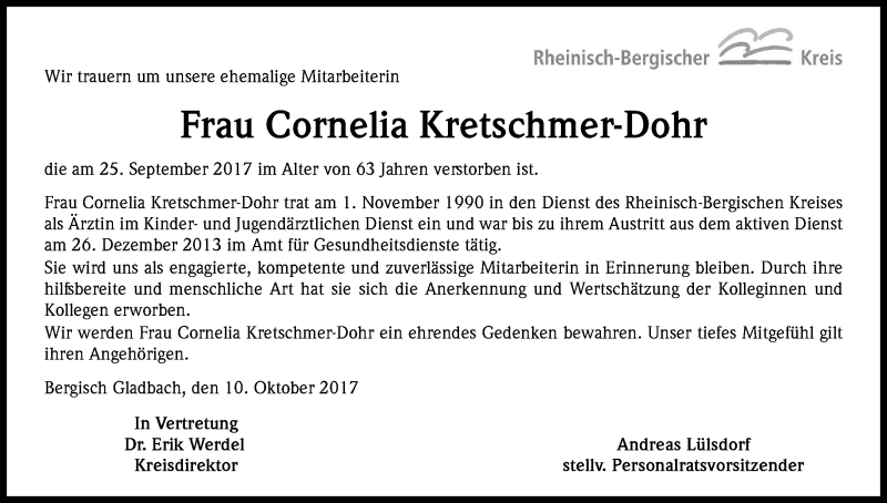  Traueranzeige für Cornelia Kretschmer-Dohr vom 14.10.2017 aus Kölner Stadt-Anzeiger / Kölnische Rundschau / Express