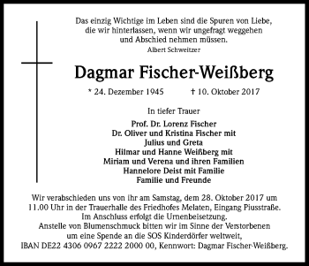 Anzeige von Dagmar Fischer-Weißberg von Kölner Stadt-Anzeiger / Kölnische Rundschau / Express