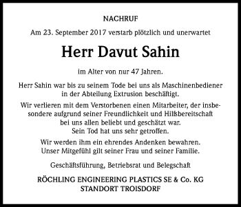 Anzeige von Davut Sahin von Kölner Stadt-Anzeiger / Kölnische Rundschau / Express