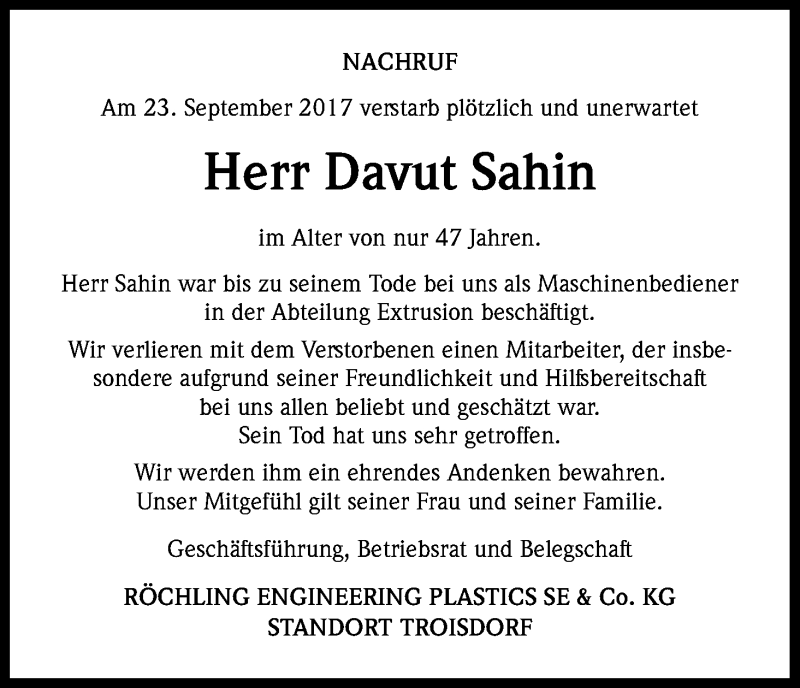  Traueranzeige für Davut Sahin vom 14.10.2017 aus Kölner Stadt-Anzeiger / Kölnische Rundschau / Express