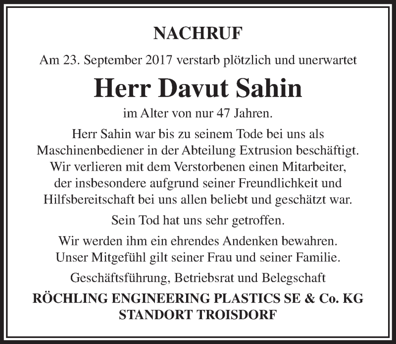  Traueranzeige für Davut Sahin vom 18.10.2017 aus  Extra Blatt 