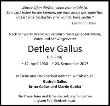 Anzeige von Detlev Gallus von Kölner Stadt-Anzeiger / Kölnische Rundschau / Express